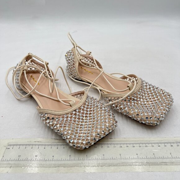 XYD Beige Square Toe Studded Flats Sandals Mesh D'Orsay Ankle Strap Slip On Shoe - Picture 4 of 8
